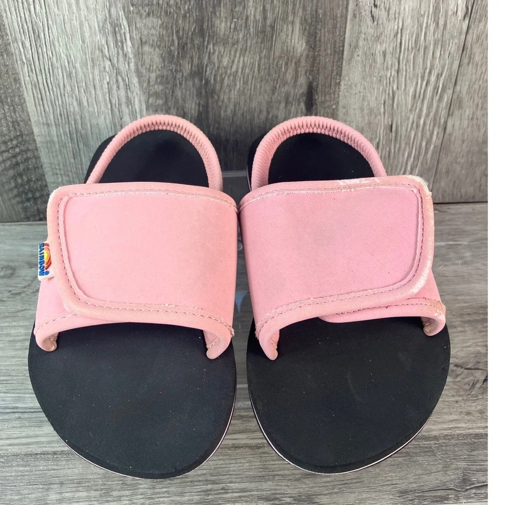 Rainbow Sandals Kids Pink Black Slide Sandals Back Strap Size 9/10 4869-0809